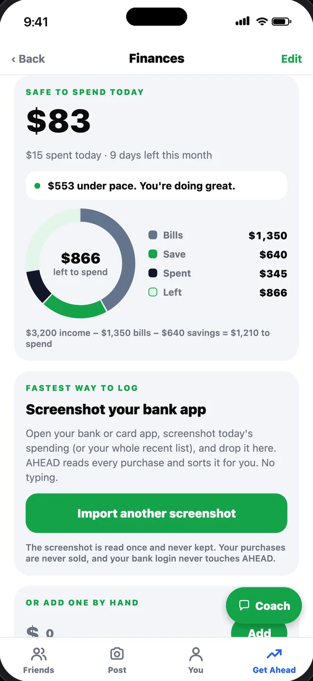 The Finances coach showing $83 safe to spend today and a bank screenshot import